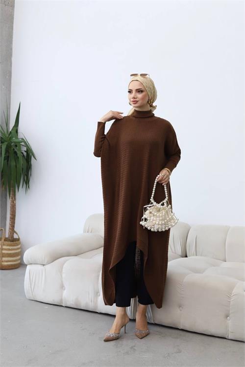 Dipmoda kadın kahverengi oversize asimetrik tesettür elbise NMS013 
