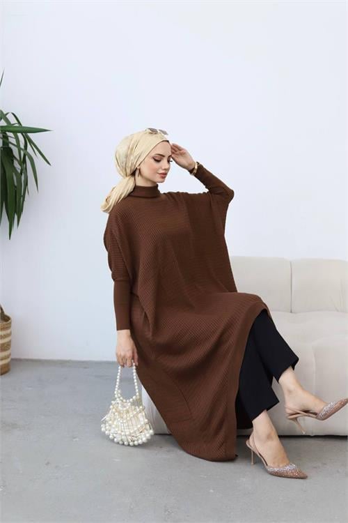 Dipmoda kadın kahverengi oversize asimetrik tesettür elbise NMS013 