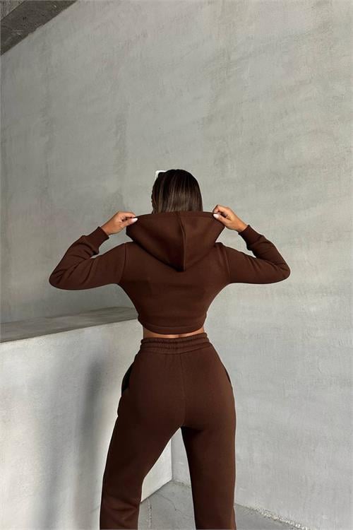 Dipmoda kadın kahverengi pamuklu Celine eşofman takımı NBG025 