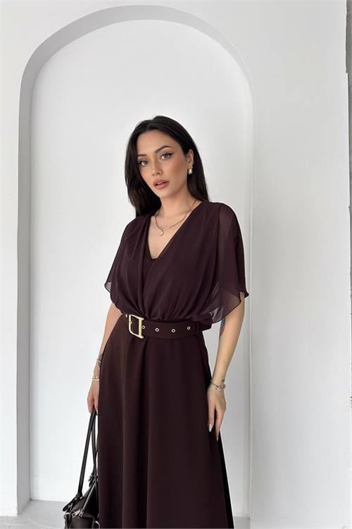 Dipmoda kadın kahverengi şifon kol detaylı V yaka kemerli midi boy elbise ----DPK085