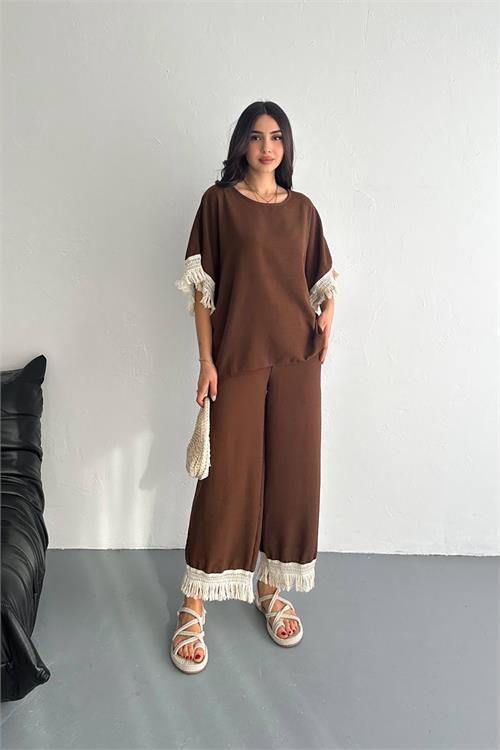 Dipmoda kadın kahverengi yazlık alt üst ikili takım DPK4108