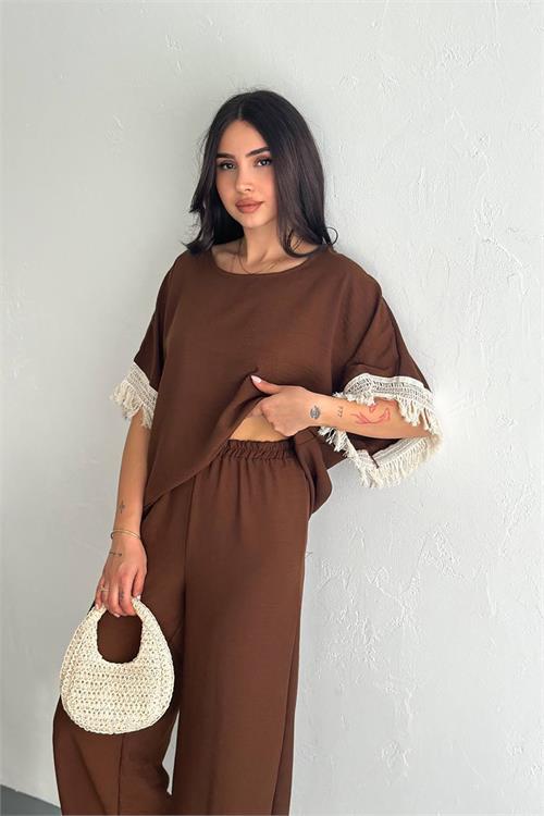 Dipmoda kadın kahverengi yazlık alt üst ikili takım DPK4108