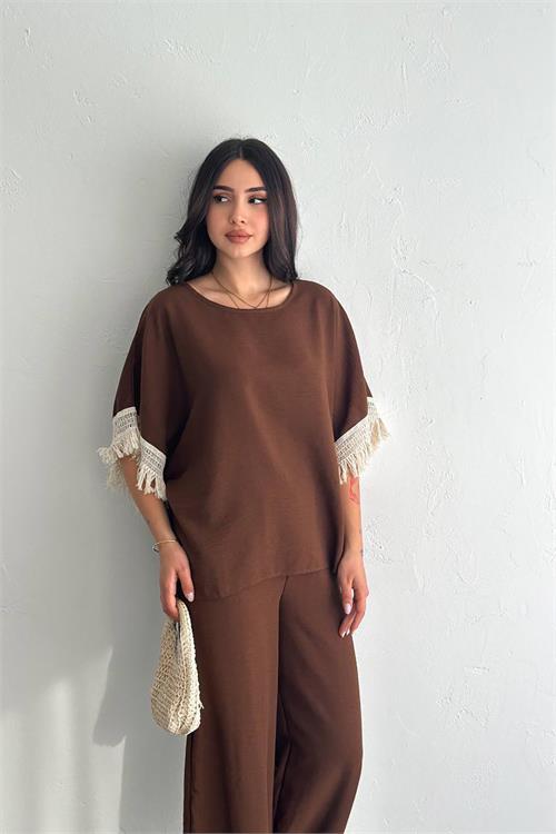 Dipmoda kadın kahverengi yazlık alt üst ikili takım DPK4108