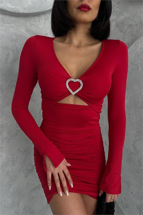 Dipmoda kadın kalp aksesuar detaylı mini elbise DPNBDF111
