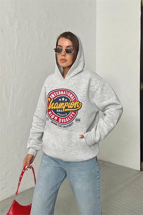 Dipmoda kadın kapüşonlu baskılı içi pamuklu sweat DPG114