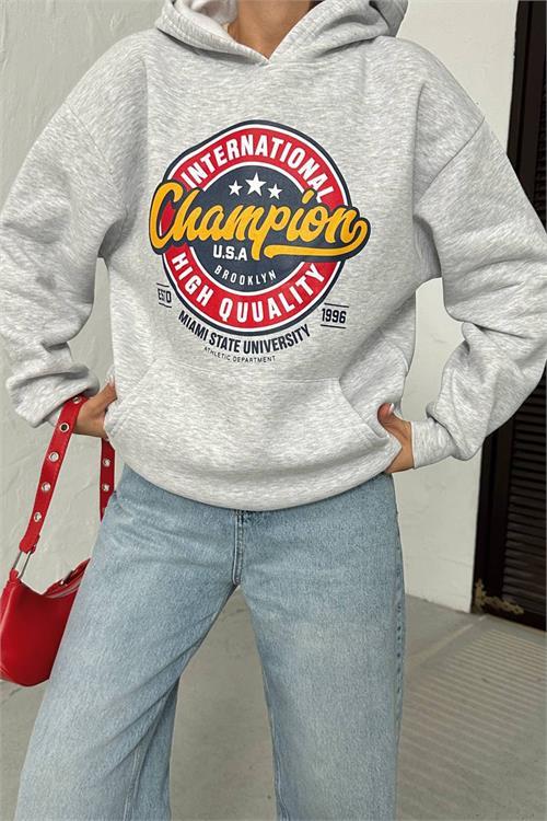 Dipmoda kadın kapüşonlu baskılı içi pamuklu sweat DPG114