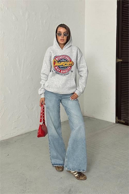 Dipmoda kadın kapüşonlu baskılı içi pamuklu sweat DPG114