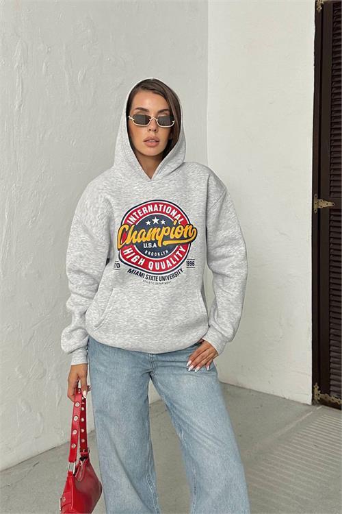 Dipmoda kadın kapüşonlu baskılı içi pamuklu sweat DPG114