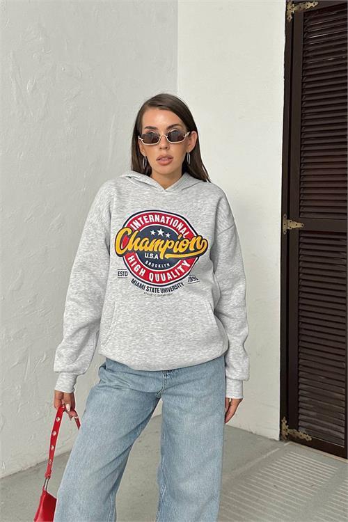 Dipmoda kadın kapüşonlu baskılı içi pamuklu sweat DPG114