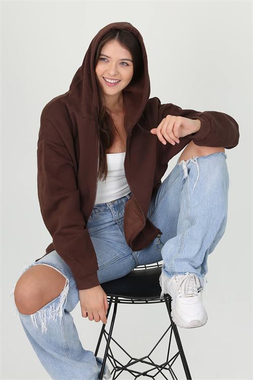 Dipmoda kadın kapüşonlu cep ve fermuar detaylı sweatshirt FVR003 