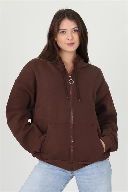 Dipmoda kadın kapüşonlu cep ve fermuar detaylı sweatshirt FVR003 