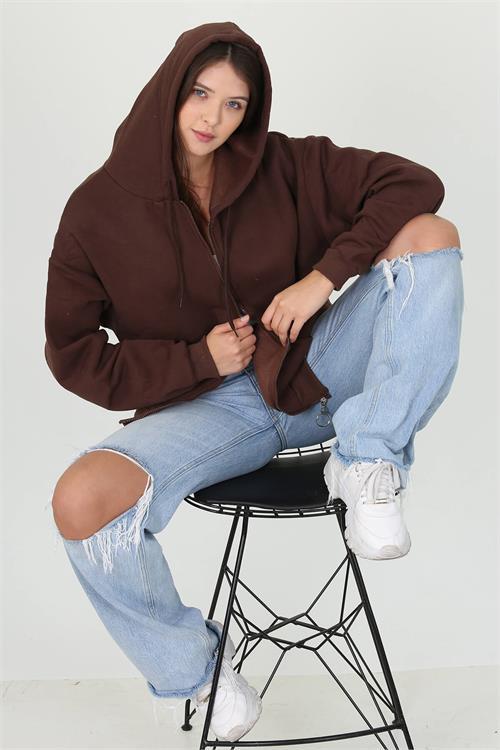 Dipmoda kadın kapüşonlu cep ve fermuar detaylı sweatshirt FVR003 