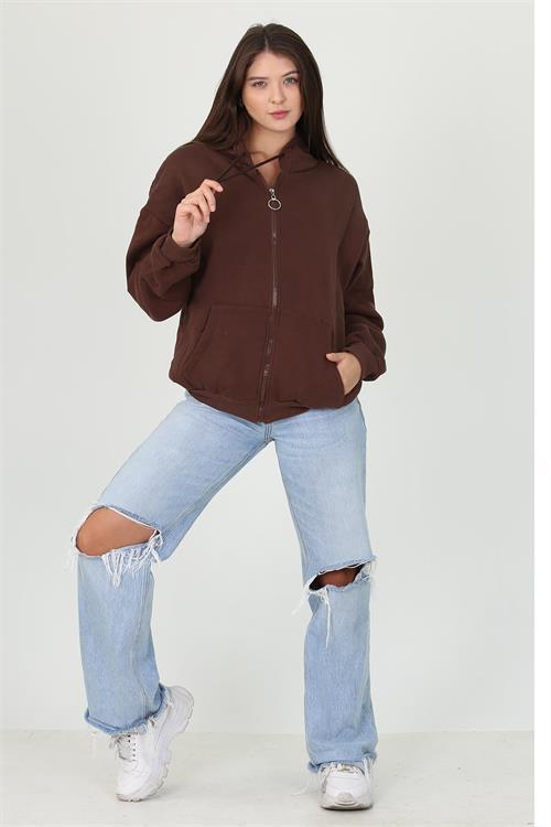 Dipmoda kadın kapüşonlu cep ve fermuar detaylı sweatshirt FVR003 