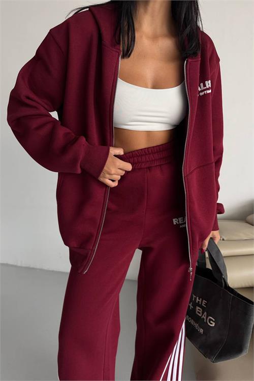 Dipmoda kadın kapüşonlu fermuarlı sweat eşofman ikili takım DPG118
