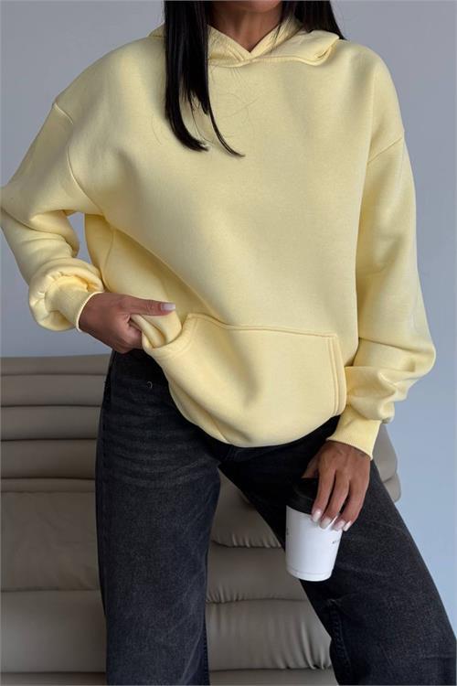 Dipmoda kadın kapüşonlu kanguru cepli oversize sweat DPG109