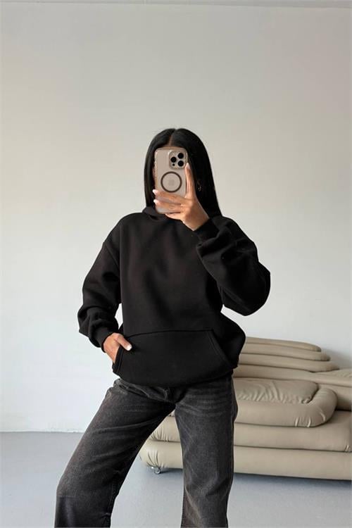 Dipmoda kadın kapüşonlu kanguru cepli oversize sweat DPG109