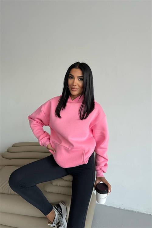 Dipmoda kadın kapüşonlu kanguru cepli oversize sweat DPG109