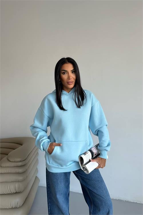 Dipmoda kadın kapüşonlu kanguru cepli oversize sweat DPG109
