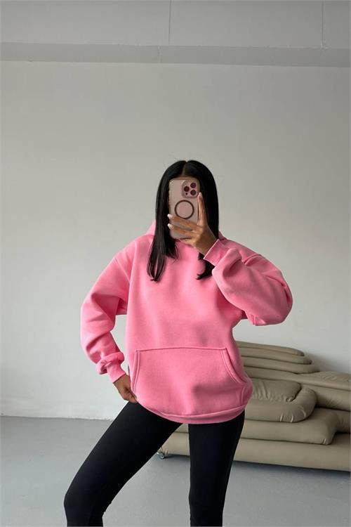 Dipmoda kadın kapüşonlu kanguru cepli oversize sweat DPG109