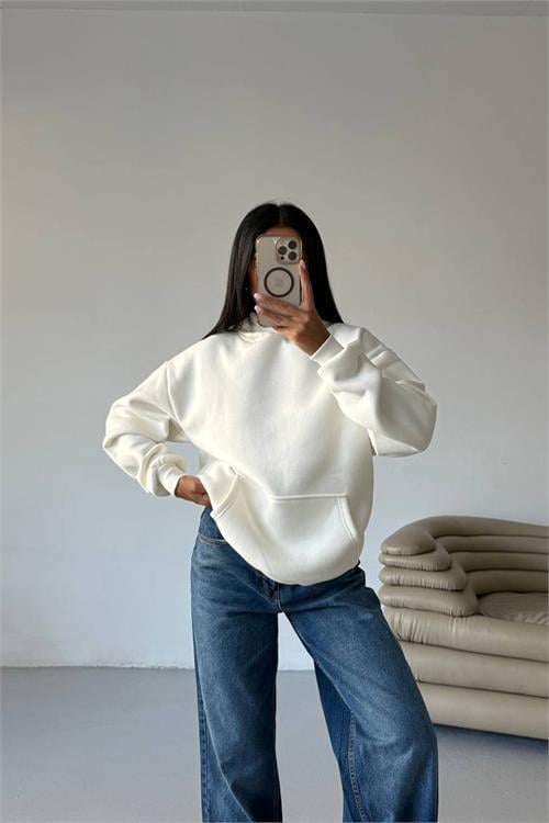 Dipmoda kadın kapüşonlu kanguru cepli oversize sweat DPG109