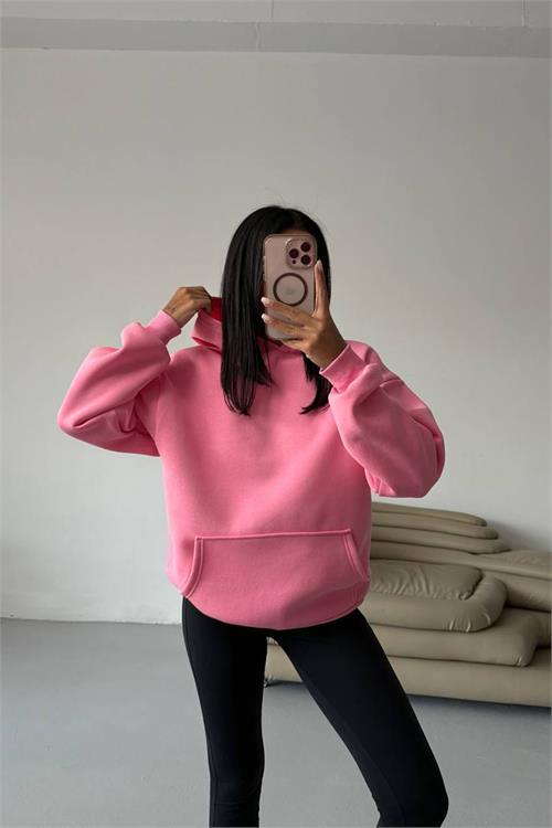 Dipmoda kadın kapüşonlu kanguru cepli oversize sweat DPG109