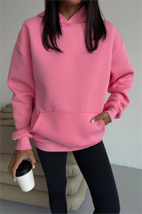 Dipmoda kadın kapüşonlu kanguru cepli oversize sweat DPG109