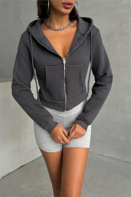 Dipmoda kadın kapüşonlu kısa sweatshirt GTS025 - Antrasit 