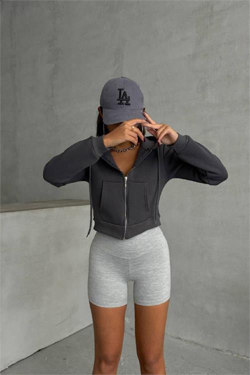 Dipmoda kadın kapüşonlu kısa sweatshirt GTS025 - Antrasit 