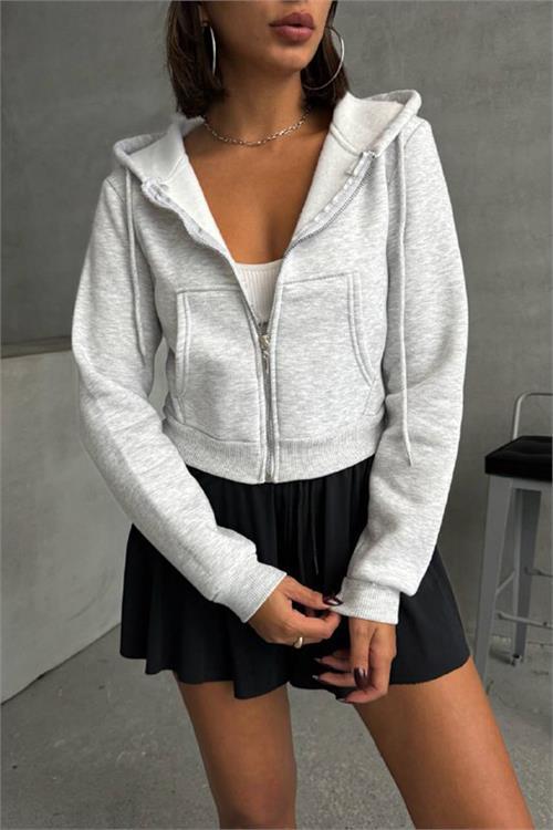 Dipmoda kadın kapüşonlu kısa sweatshirt GTS025 - Açık gri 