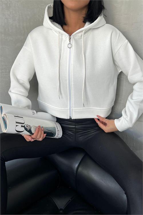 Dipmoda kadın kapüşonlu kısa sweatshirt GTS025 - Ekru 