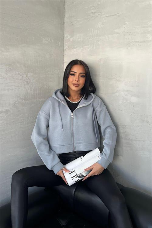 Dipmoda kadın kapüşonlu kısa sweatshirt GTS025 - Gri 
