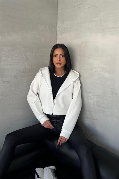 Dipmoda kadın kapüşonlu kısa sweatshirt GTS025 - Ekru 