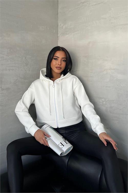 Dipmoda kadın kapüşonlu kısa sweatshirt GTS025 - Ekru 