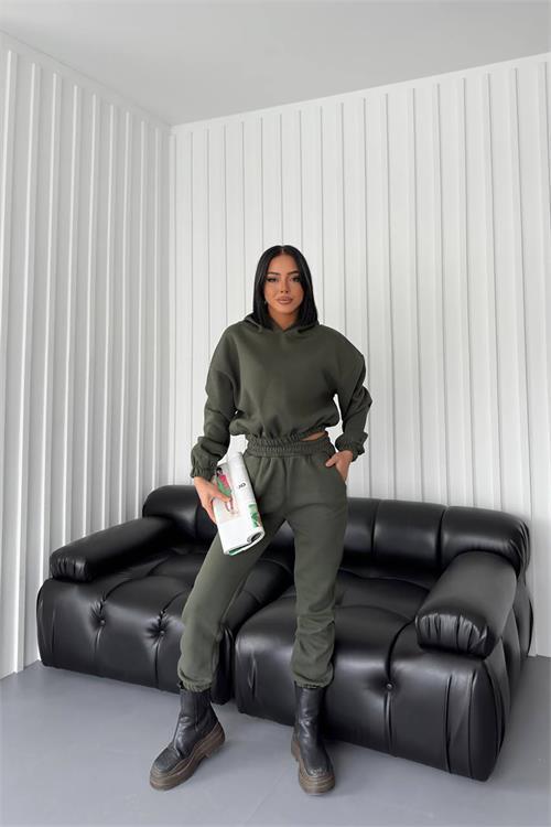 Dipmoda kadın kapüşonlu şardonlu eşofman takımı DPGTS020 - Haki