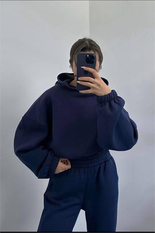 Dipmoda kadın kapüşonlu şardonlu eşofman takımı DPGTS020 - Lacivert