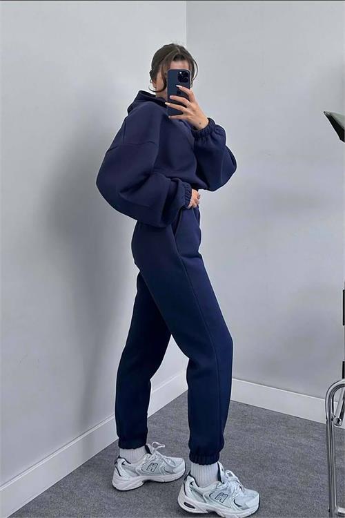 Dipmoda kadın kapüşonlu şardonlu eşofman takımı DPGTS020 - Lacivert