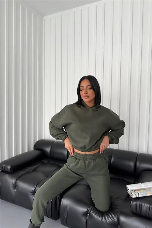 Dipmoda kadın kapüşonlu şardonlu eşofman takımı DPGTS020 - Haki