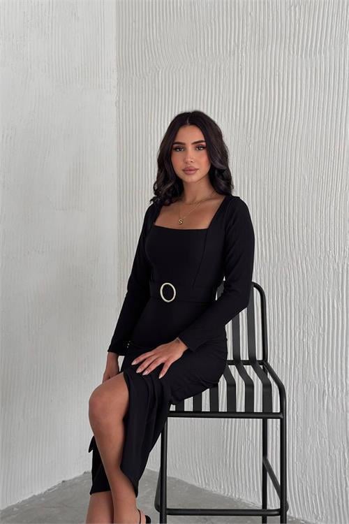 Dipmoda kadın kare yaka yırtmaç detaylı kemerli midi elbise DPK4317