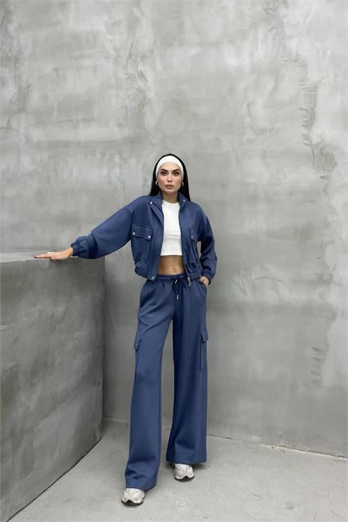 Dipmoda kadın kargo cepli takım likralı kumaş eşofman takımı NBASP7272