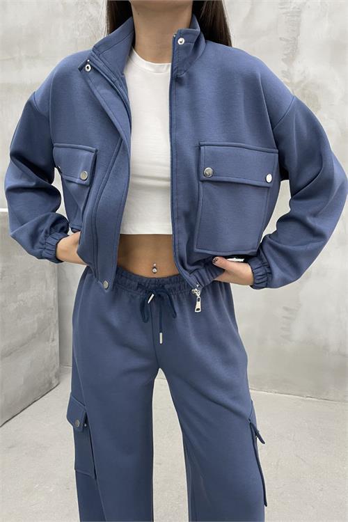 Dipmoda kadın kargo cepli takım likralı kumaş eşofman takımı NBASP7272