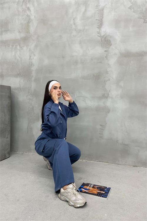 Dipmoda kadın kargo cepli takım likralı kumaş eşofman takımı NBASP7272