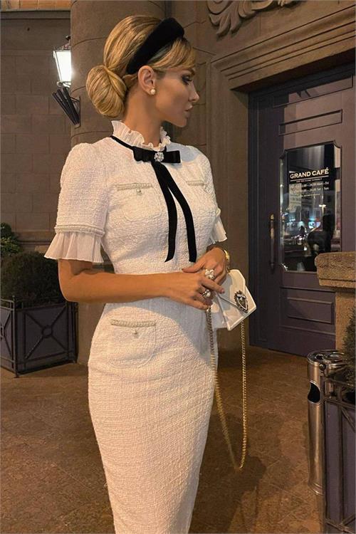 Dipmoda kadın kaşe kumaş inci ve broş detaylı abiye elbiseNBEMP2051 