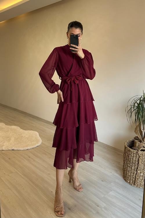 Dipmoda kadın kat kat volanlı kuşaklı midi şifon elbise NM004