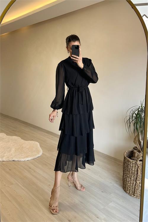 Dipmoda kadın kat kat volanlı kuşaklı midi şifon elbise NM004