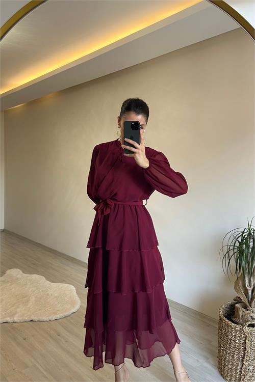 Dipmoda kadın kat kat volanlı kuşaklı midi şifon elbise NM004