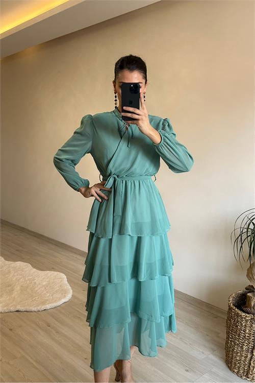 Dipmoda kadın kat kat volanlı kuşaklı midi şifon elbise NM004
