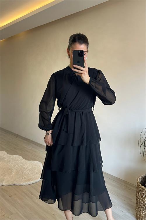 Dipmoda kadın kat kat volanlı kuşaklı midi şifon elbise NM004