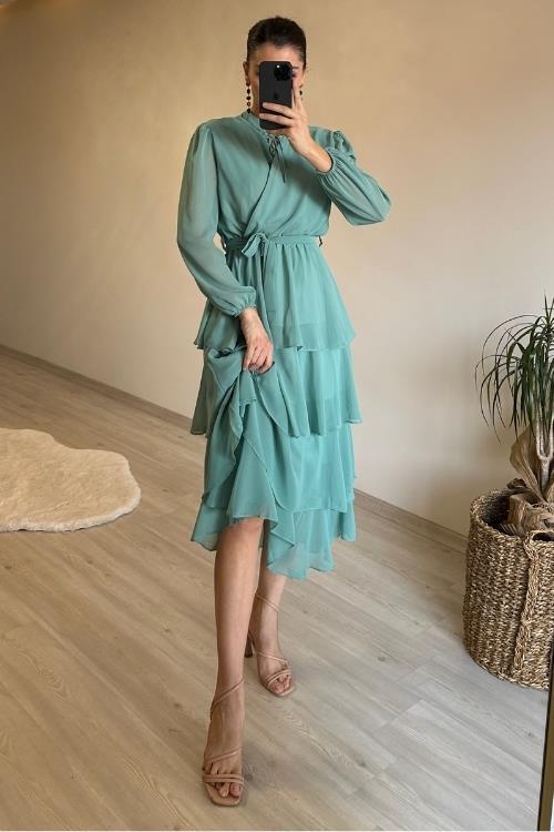 Dipmoda kadın kat kat volanlı kuşaklı midi şifon elbise NM004