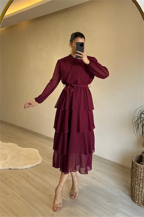 Dipmoda kadın kat kat volanlı kuşaklı midi şifon elbise NM004