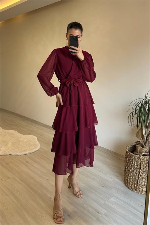 Dipmoda kadın kat kat volanlı kuşaklı midi şifon elbise NM004